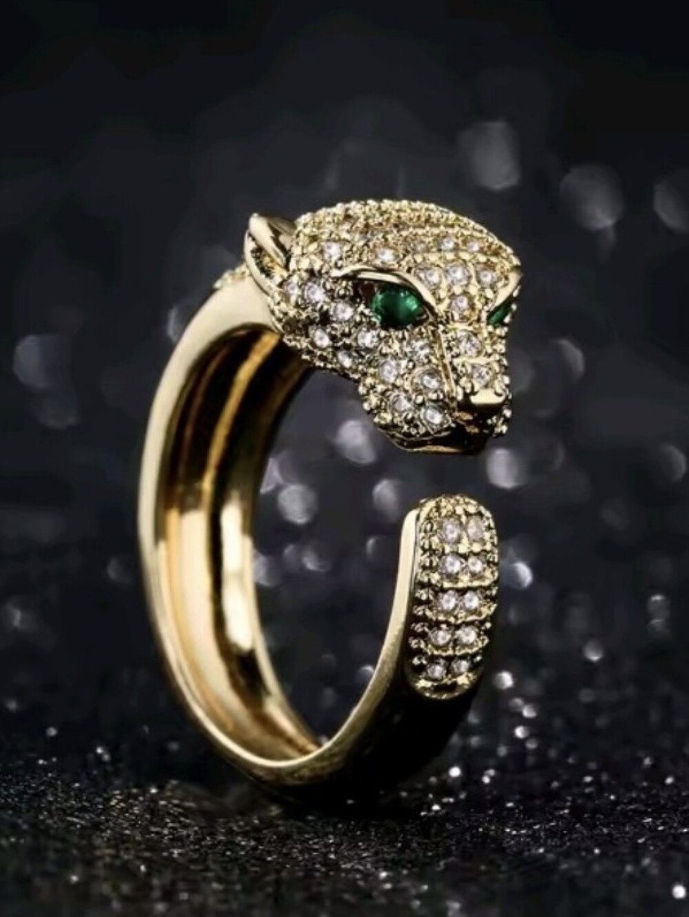 Gold Panther Head Open Ring with Green Eyes - Women Jewelry